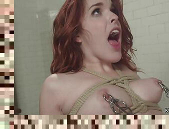 Redhead whore is bootie whipped in showers