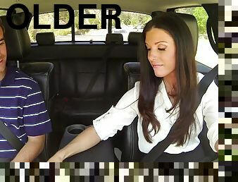 Older MILF mom India Summer seduces Steven StCroix outdoors in car