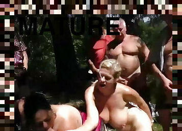 Mature swinger fuck orgy in nature