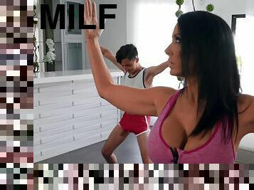 MILF with big fake tits Reagan Foxx screwing a student  I Love Yoga