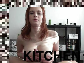 Hot redhead teen girlfriend gives POV titjob in kitchen for cum on tits