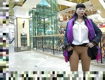Naughty Russian mom flashing pussy in public mill - Seamless pantyhose - Big tits