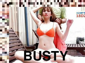 Busty Asian babe in orange bikini in amateur sex action