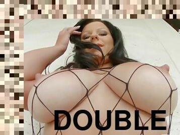 Double D tits messy cumshot and cowgirl riding in sexy fishnet