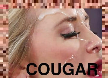 Blonde cougar mom Sara simon deepthroating for cum on face