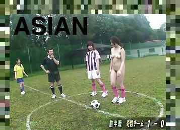 Asian cutie comes to the football field to get gangbanged