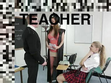 Horny teacher gives two babes best grades for double blowjob