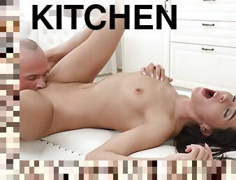 Nerdy brunette gets asshole shagged in the kitchen