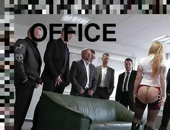 escritório, anal, sexo-em-grupo, duplo, puta-slut, loira, fudendo, langerie, uniforme, penetração