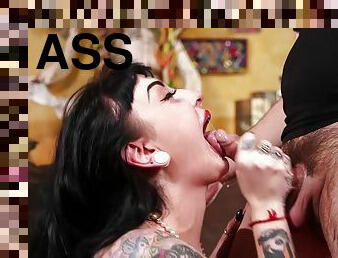 Inked chick with red lips sucking dick before a doggy style fucking