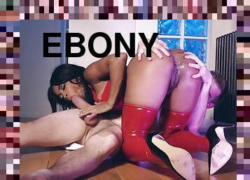 Ebony girl in red latex lingerie Kiki Ninaj fucks a large white dick