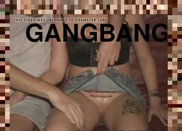 Dumb blonde tattooed pussy in porn cinema gangbang