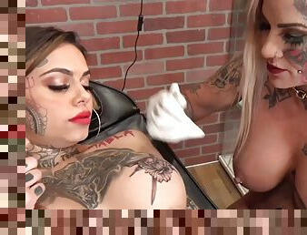 Evilyn ink drops and gets dirty on Genevieve Sinn after tattooing her boobs