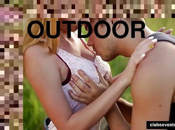 Blonde teens toy twats outdoors