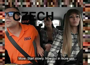 Czech Threesome in car Massive Tits Babes Dominno And Lady Gang Screw Instructor - Dominno
