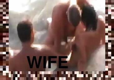 Lets stranger  fuck his wife at the beach