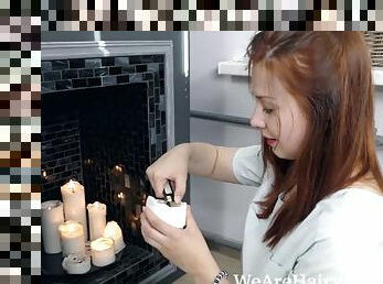 Lina strips naked to masturbate with candles