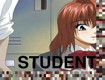 Anime student with big tits having hard time