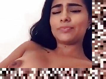 Columbian babe showers then masturbates to lesbian porn