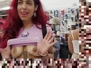 Arab MILF Flashing tits while waiting in line