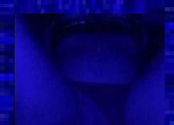 Mixed girl riding dildo in blue light