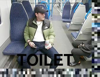 Chav and random passenger fuck without a condom in the train toilet
