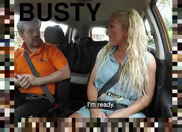 Busty MILF publicly fucked in car by outdoor driving tutor