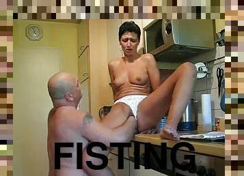 fisting, énorme, chatte-pussy, femme, amateur, cuisine, fétiche