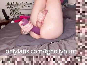 Geeky trans girl Holly Hunt gapes her ass with massive purple dildo