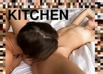 Sexy teen gets a huge dick inside on the kitchen table 4K