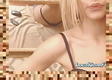 Sexy blonde on webcam showing her nice small tits and plays her pussy with dildo