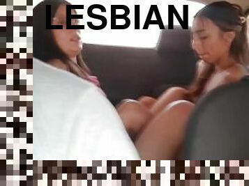 lesbian couple scissor fuck in the back seat of the uber