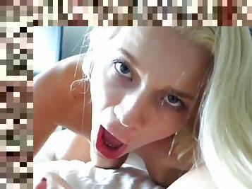 Sexy blonde woken up with long tongue