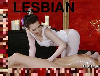 Two slim lesbians fingering after massage