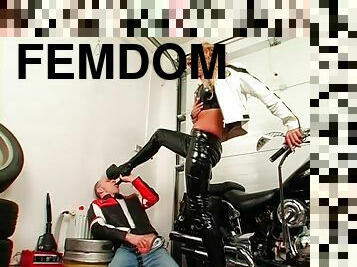 bdsm, blond, biker, dominans, femdom, smisk, höga-klackar, läder