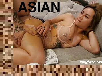 asiatisk, rumpe, kone, amatør, rumpe-booty, trekant, dobbel, pov, mann, knulling-fucking