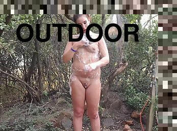 Chubby Slut Soaping Up Her Body Underneath A Outdoor Shower