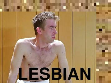 lésbicas, adolescente, beijando, sauna