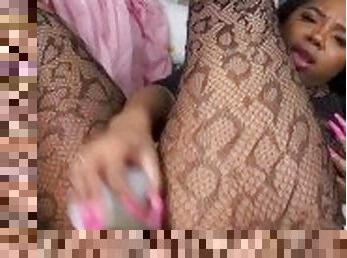 Cutie uses huge dildo in fishnet body stocking