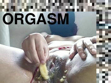 masturbação, orgasmo, cona-pussy, esposa, anal, ébona, puta-slut, perfeito, pequeno, banana