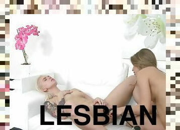 Pair of insatiable lesbians make love at casting