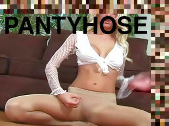 Fake titty blonde in arousing pantyhose