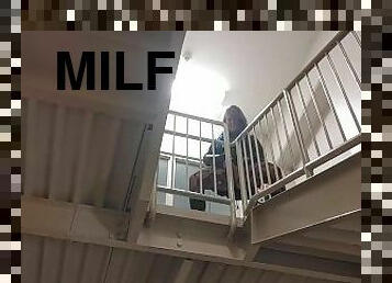 MILF squirts off public parkade stairs