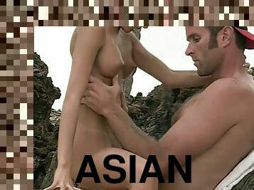 asiatisk, anal, udløsning, hardcore, strand, røv-butt, cowgirl