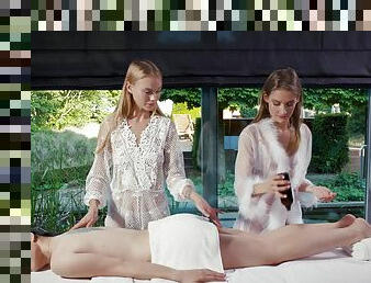 Sensual chicks share teen pussy in very naughty lezzie massage scene