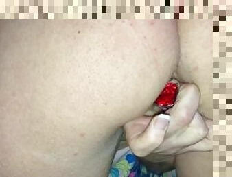 Me pulling out my new red heart ?? butt plug after hours of getting pounded by my BBC Bull ??????????