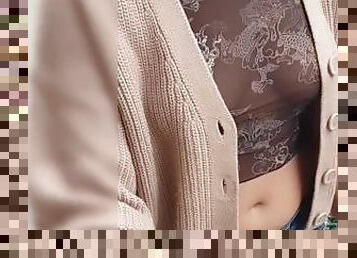 see-through blouse, visible breasts and nipples in the city center
