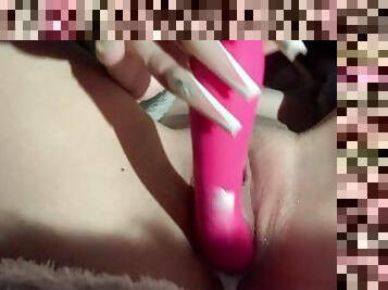 Using my dildo to masturbate my tight creamy pussy
