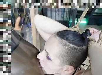 Slave Girl worship Femdom ass while suspended by ropes