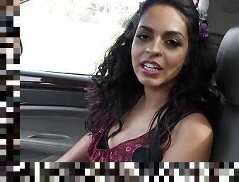 Tempting brunette rides a boner in car POV